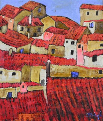 Lot 2186 - Stephanie Dingle (b.1926) Houses with red pantile roofs Signed, oil on board, 34cm by 29.5cm