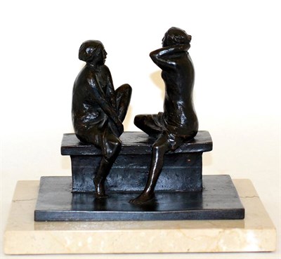 Lot 2196 - William Bailey (fl.1945-1955) 'Conversation' Signed, bronze, on a buff marble base, 20cm high