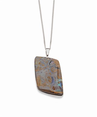 Lot 434 - An Ironstone and Opal Pendant on a 9 Carat White Gold Necklet, the rhombus shaped pendant in a...