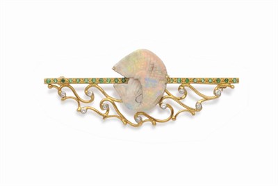 Lot 437 - An 18 Carat Gold Opal, Emerald and Diamond Set Brooch, the opal carved realistically as a fish,...