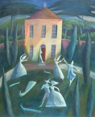 Lot 2087 - Emma Chichester Clark (b.1955) Figures dancing in a topiary garden with peacocks before a...