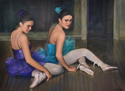 Lot 2088 - John Blakey (b.1952) Two ballerinas seated in a studio Signed and dated (19)98, watercolour, 52.5cm