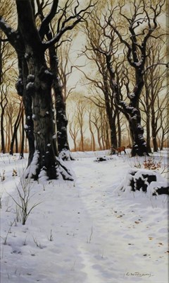 Lot 2127 - Glynn Williams (b.1955) Deer in a snowy woodland Signed, oil on board, 39.5cm by 24cm  Artist's...