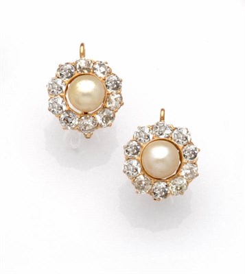 Lot 446 - A Pair of Pearl and Diamond Cluster Earrings, the pearl centres within a border of old cut...