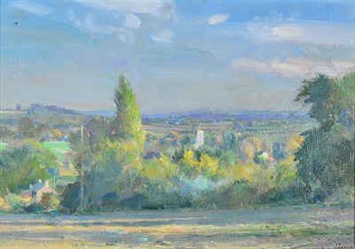 Lot 2134 - David Jan Curtis ROI (b.1948) Church nestled in an extensive landscape Signed, oil on board, 23.5cm