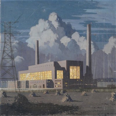 Lot 2145 - Norman Wilkinson (1878-1971) Power station with corn stoops in the foreground Signed,...