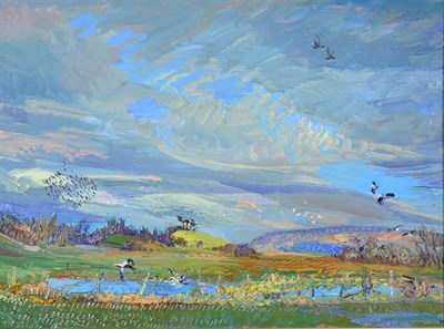 Lot 2151 - Piers Browne (b.1949)  'Spring Birds in Flood Water, Wensleydale' Signed verso, inscribed verso and