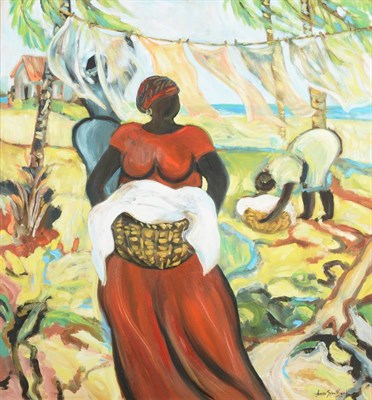 Lot 2158 - Janice Sylvia Brock (b.1950) British/Bajan 'Washing Day' Signed, oil on canvas, 75cm by 70cm...