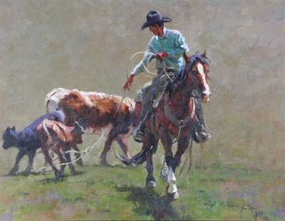 Lot 2165 - Jim Rey (b.1939) American Cowboy lassoing a calf Signed and dated 20(08), oil on canvas, 34cm...