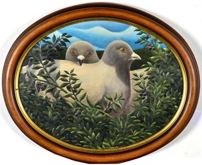 Lot 2167 - Jerzy Marek (1925-2014) Polish Two doves Signed, oil on board, 23.5cm (oval)  Artist's Resale...