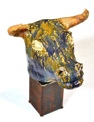 Lot 2168 - Kjell Janson (Contemporary) Swedish Bull Head  Signed, ceramic with a tin glaze, mounted on a...