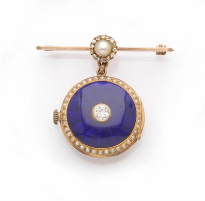 Lot 451 - A Lady's Diamond and Seed Pearl Set Blue Enamelled Fob Watch, the cover set with an old cut diamond