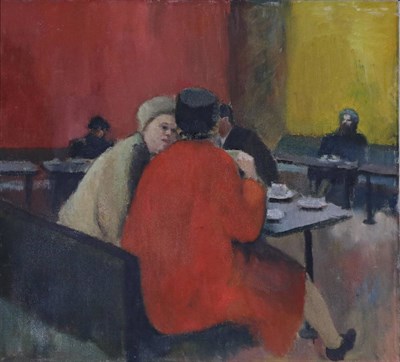 Lot 2186 - Diana Low (1911-1975) Conversation at the tea centre Oil on canvas, 64cm by 69cm   Artist's...