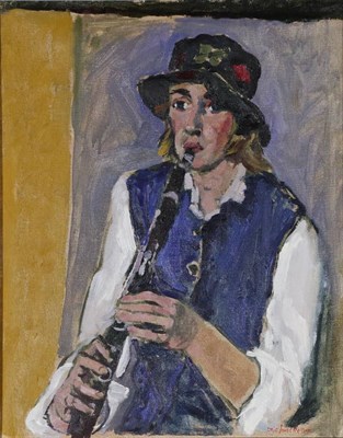 Lot 2189 - Eric James Mellon (1925-2014) Portrait of girl wearing a hat playing a clarinet Signed, dated...