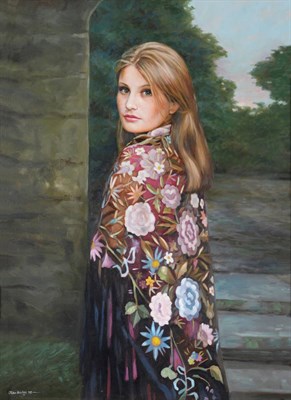 Lot 2190 - John Blakey (b.1952) Portrait of a young lady, three quarter length, wearing a pink floral...