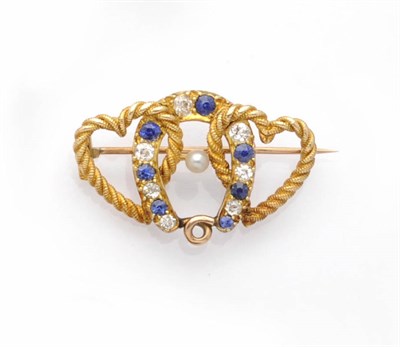 Lot 453 - A Seed Pearl, Sapphire and Diamond Horseshoe and Heart Brooch, a horseshoe set with alternating...