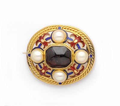 Lot 454 - A Garnet, Split Pearl and Enamel Brooch, the cabochon garnet within a border of alternating...