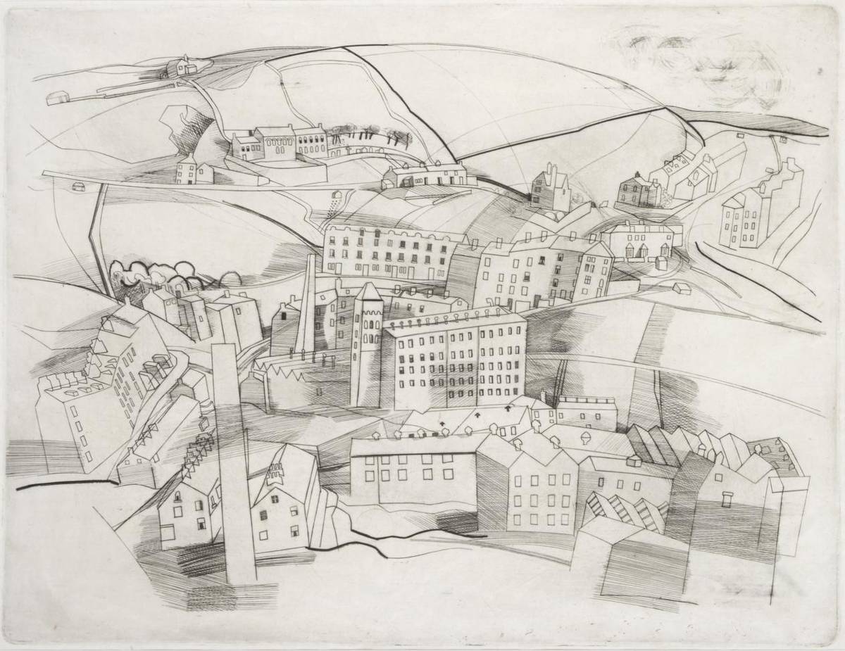 Lot 2012 - Bryan Ingham (1936-1997) Pennines town Etching, 51.5cm by 67cm  Provenance: Purchased from the...