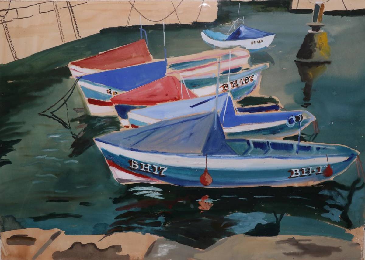 Lot 2023 - Robert Soden (b.1955) Boats in a harbour Signed, mixed media, 70cm by 99cm  Artist's Resale...