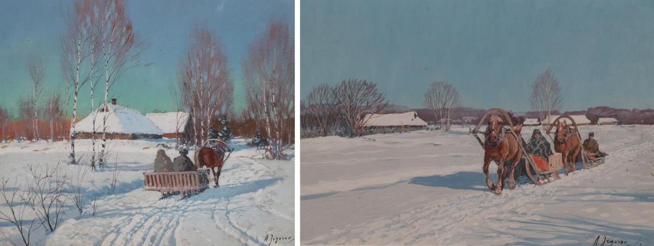 Lot 2041 - Andrei Afanasievich Jegorov (1878-1954) Russian Snow scene with figures in a horse drawn sled...