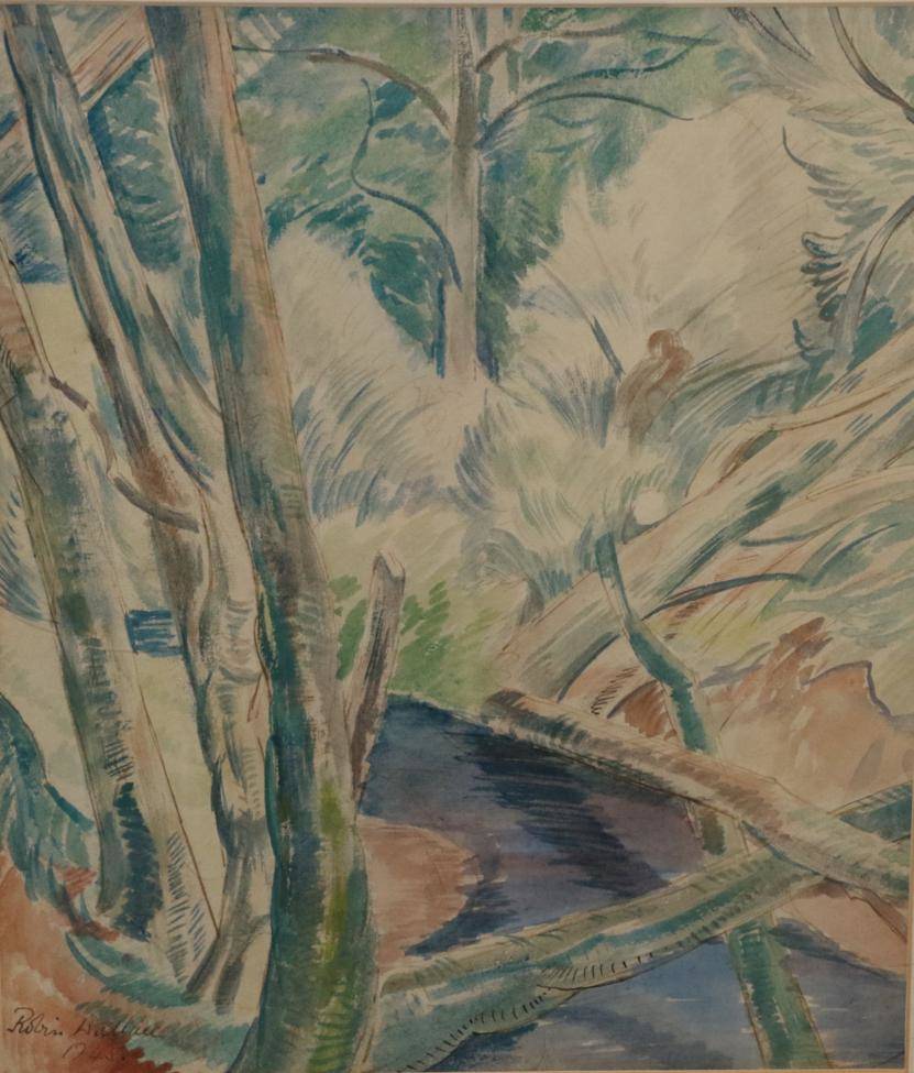 Lot 2042 - Robin Wallace (1897-1974) Wooded landscape with a river running through  Signed and dated 1945,...