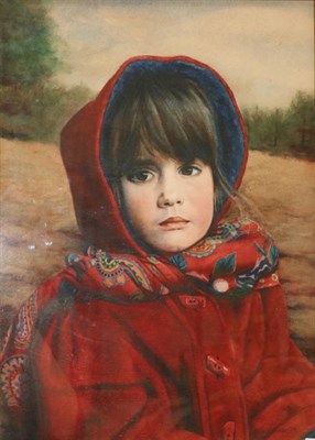 Lot 2064 - John Blakey (b.1952) Irish Portrait of a young girl wearing a red coat and paisley patterned...