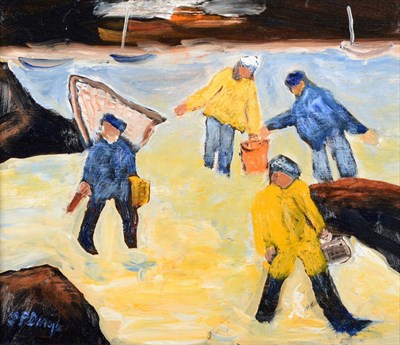 Lot 2076 - Stephanie Dingle (1926-2017) 'The Shellfishers' Signed, inscribed verso, oil on board, 29cm by 33cm