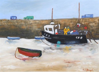 Lot 2077 - Stephanie Dingle (1926-2017) 'Unloading the Catch' Signed, inscribed verso, oil on canvas, 28cm...