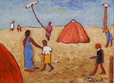 Lot 2079 - Stephanie Dingle (1926-2017) 'Red Beach Tents' Signed, inscribed and dated 2015 verso, oil on...