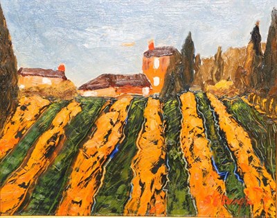 Lot 2081 - Stephanie Dingle (1926-2017) French fields Signed, oil on board, 19cm by 25cm