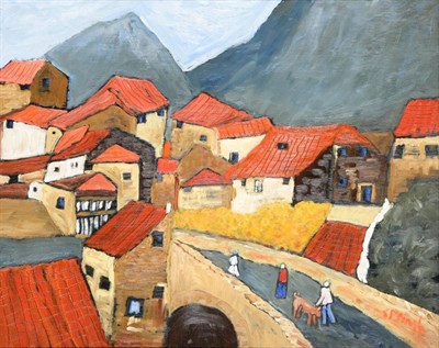 Lot 2082 - Stephanie Dingle (1926-2017) 'Mountain Village' Signed, inscribed verso, oil on canvas, 40cm by...