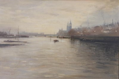 Lot 2085 - John Barrie Haste (1931-2011) View of the Thames and Westminster Signed, oil on canvas, 49.5cm...