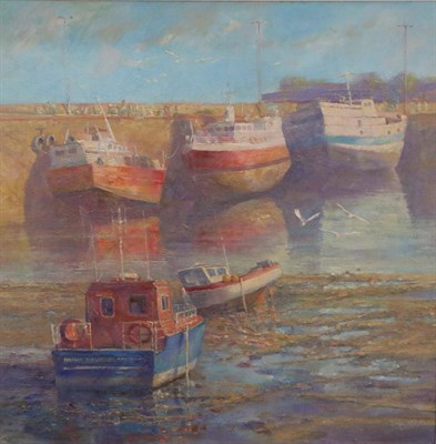 Lot 2089 - Martin Dutton (Contemporary) 'Lobster boat, Roscoff, Brittany' Signed, oil on canvas, 49cm by 49cm