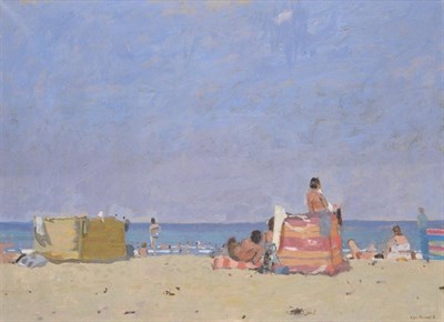 Lot 2091 - Ken Howard RA, RWS, NEAC (b.1932) Beach scene with figures and wind breaks  Signed, oil on...