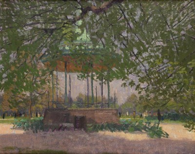 Lot 2107 - Attributed to Robert Buhler RA (1916-1989) Bandstand in a park Oil on canvas board, 39.5cm by 49cm