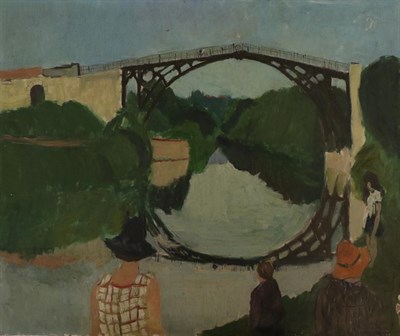 Lot 2124 - Eric James Mellon (1925-2014) Figures before the Iron Bridge on the River Severn Oil on board, 51cm