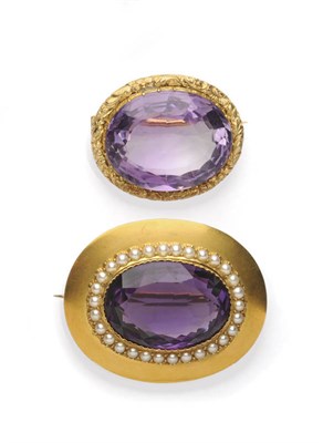 Lot 468 - An Amethyst and Half Pearl Brooch, the oval cut amethyst within a border of half pearls, to a plain