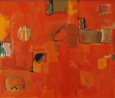 Lot 2145 - Jacquie Denby (b.1939) 'Red Abstract' Signed verso, acrylic on board, 59cm by 69.5cm...