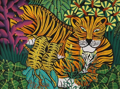 Lot 2149 - Fritz Saint-Jean (Contemporary) Haitian  Tiger and cubs Signed, acrylic on canvas 29cm by 39cm