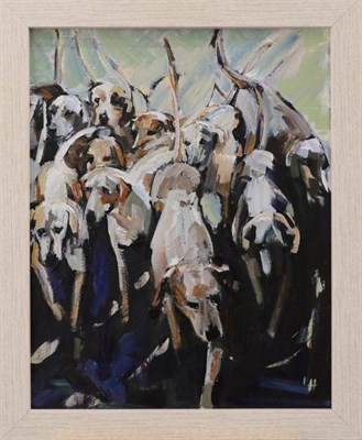 Lot 2151 - Lesley Heath (Contemporary) Study of the Four Burrow Hounds Initialled, acrylic on canvas,...