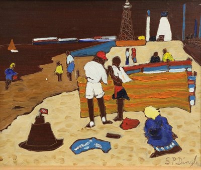 Lot 2168 - Stephanie Dingle (1926-2017) 'The Sandcastle', (1989) Signed, oil on board, 23.5cm by 28.5cm...