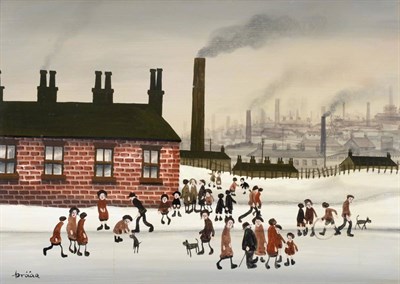 Lot 2169 - Brian Shields 'Braaq' FBA (1951-1997) Figures in an industrial landscape  Signed, oil on board,...