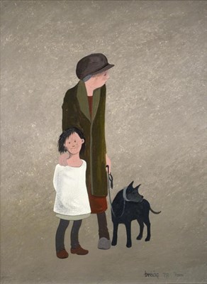 Lot 2170 - Brian Shields 'Braaq' FBA (1951-1997) Mother and child standing with dog on a lead  Signed,...