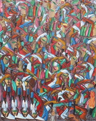 Lot 2182 - Murat Saint Vil (b.1955) Haitian Haitian market place Signed and inscribed Haiti, acrylic on...