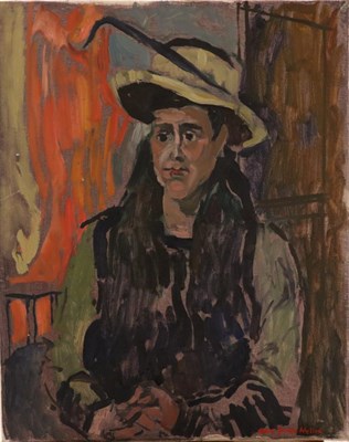 Lot 2186 - Eric James Mellon (1925-2014) Portrait of a lady seated wearing a yellow hat with a black feather 