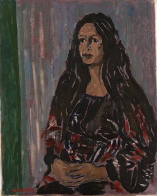 Lot 2187 - Eric James Mellon (1925-2014) Portrait of a lady seated wearing a black, red, blue and white jumper