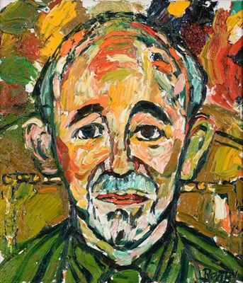 Lot 2189 - John Bratby RA, LG, ARCA (1928-1992) Head and shoulders portrait of Steve Race Signed, labels verso