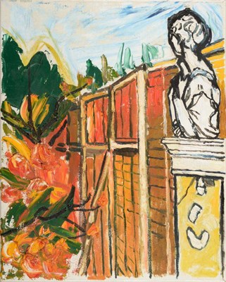 Lot 2191 - John Bratby RA, LG, ARCA (1928-1992) Garden Fence with Classical bust  Signed, oil on canvas,...