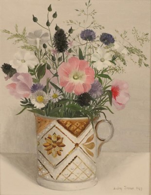 Lot 2196 - Audrey Johnson (1918-2010) 'Flowers in a Gold Mug' Signed and dated 1967, oil on board, 18.5cm...