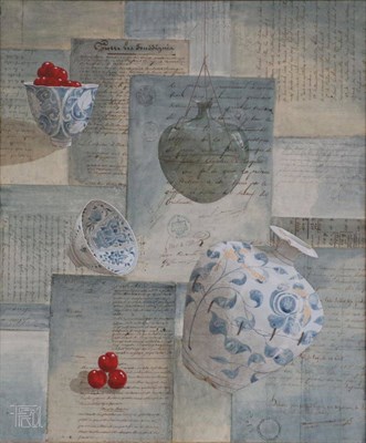 Lot 2199 - Fred Minard (20th century) French Trompe L'Oeil with blue and white porcelain, cherries,...